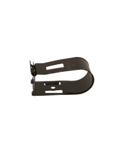 A black zinc-coated DiversiTech TRH-2 Squeezy Fit Threaded Rod Hanger, featuring a spring steel design with a folding lock-tab and a slot for M8/M10 threaded rods, used for securing insulated copper air conditioning pipes.