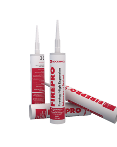 Three 310ml cartridges of Rockwool FirePro Intumescent Sealant, labelled 'High Expansion Sealant,' are arranged against a black background. The labels are white with red and black text. Ascending: Three 310ml cartridges of Rockwool FirePro Intumescent Sea
