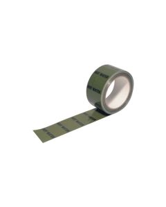 Hot water pipe identification tape, 30m long, 50mm wide, rolled up with "HOT WATER" text printed repeatedly on a green background.