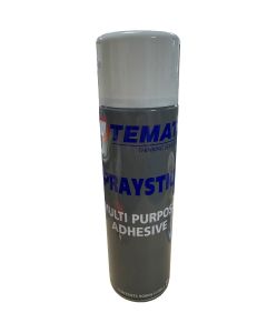 TEMATI SPRAYSTICK multipurpose contact adhesive aerosol can, 500ml capacity, grey body with white nozzle cap, blue branding text reading "TEMATI SPRAYSTICK MULTI PURPOSE ADHESIVE" and "CONTENTS 500ML", non-chlorinated spray adhesive for pipe lagging and i