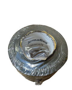 Arma-Chek D Self-Adhesive Coating Tape - Black woven fibreglass tape with yellow backing, partially unrolled, displaying its adhesive side for sealing insulation joints.