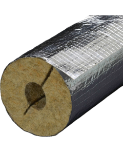 Close-up of a cylindrical 114mm rock mineral wool insulation material K-Rock Alu wrapped in reflective foil, showing a hollow centre with a dark shadow set against a dark background.