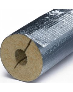 Close-up of a cylindrical fibreglass Rock Mineral Wool K-Flex K-Rock Alu Pipe insulation material wrapped in reflective foil, showing a hollow centre with a dark shadow set against a dark background.