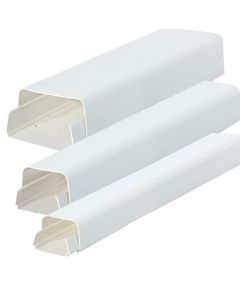 Three white Sauermann DUE110W Duct Line Set Protection pieces of varying lengths, designed for concealing and protecting air conditioning cables and pipes, shown against a plain background.