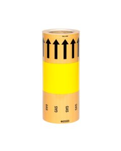 Roll of hazardous material tape with yellow and orange sections featuring black arrows pointing upwards and the word "GAS" repeated, with "PEEL HERE" indicated at the top.