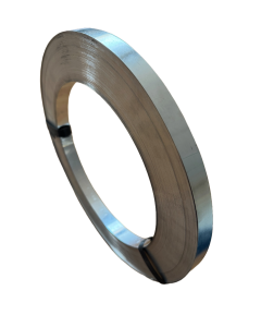 A coiled roll of 19mm aluminium banding, showcasing its shiny, silver finish against a black background, is ideal for securing pipe insulation.