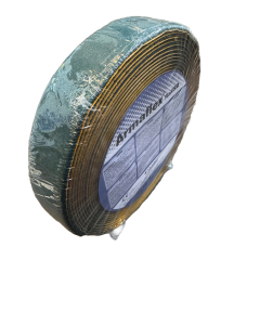 A roll of ArmaFlex Rail SD Self-Adhesive Tape (RA-TAPE) is shown against a black background. The tape is dark blue with a yellow core and wrapped in clear plastic packaging. The label on the roll reads "ArmaFlex Rail SD Tape" and includes product details,