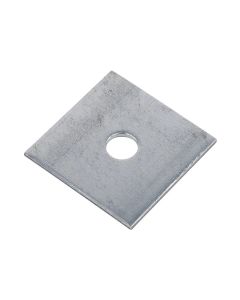 A galvanised FB100/M10 square plate bracket with a single central hole designed for channel support systems. The bracket has a metallic finish with a slightly textured surface, which is ideal for air conditioning installations and structural applications.
