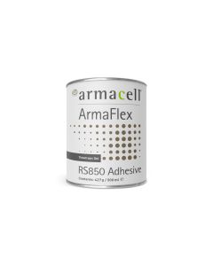 A cylindrical can of ArmaFlex RS850 Adhesive with a white label, featuring the Armacell logo and branding. The label includes the text "Thixotropic Gel" and "Contents: 427 g / 500 ml in a clean, professional design with a dotted pattern background.