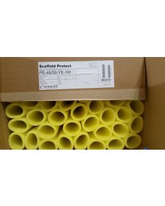 Cardboard box of 60 yellow polyethylene foam tubes labelled 'Scaffold Protect PE-48/09-YE-1M' by Armacell. Each tube is 2m long, 9mm thick, with a 48mm bore, designed for scaffold and trampoline padding, showing their semi-slit design for easy installatio