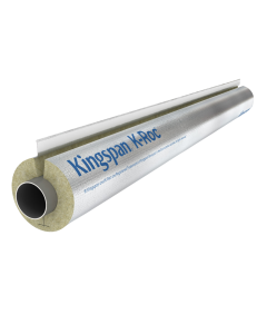Close-up of K-Roc Pipe Insulation by Kingspan, a cylindrical mineral wool pipe lagging with a reinforced aluminium foil facing. The insulation is partially cut away to reveal the inner pipe, showcasing its thermal insulation properties. The exterior featu