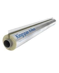A cylindrical piece of pipe insulation labelled "Kingspan K-Roc" is shown against a black background. The insulation has a metallic outer layer and a fibrous inner material, with a slit along its length for easy installation around a pipe. The text on the