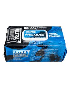 A close-up image of an "Ultra Grime Multi" cleaning wipe packet. The packaging is predominantly blue and white with black accents. The text "Ultra Grime Multi" is prominently displayed in bold white letters, with additional smaller text below describing t