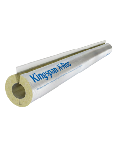 Close-up of K-Roc Pipe Insulation by Kingspan, a cylindrical mineral wool pipe lagging with a reinforced aluminium foil facing. The insulation is partially cut away to reveal the inner pipe, showcasing its thermal insulation properties. The exterior featu
