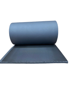 Rolled and unrolled black insulation sheet, 1m wide, for pipes and tanks, showing texture and thickness.