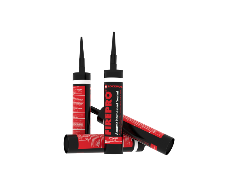 This is a product image featuring multiple 310ml cartridges of Rockwool FirePro Acoustic Intumescent Sealant arranged on a black background. The cartridges are black, with red and white labels displaying the product name, "FirePro Acoustic Intumescent Sea This is a product image featuring multiple 310ml cartridges of Rockwool FirePro Acoustic Intumescent Sealant arranged on a black background. The cartridges are black, with red and white labels displaying the product name, "FirePro Acoustic Intumescent Sea