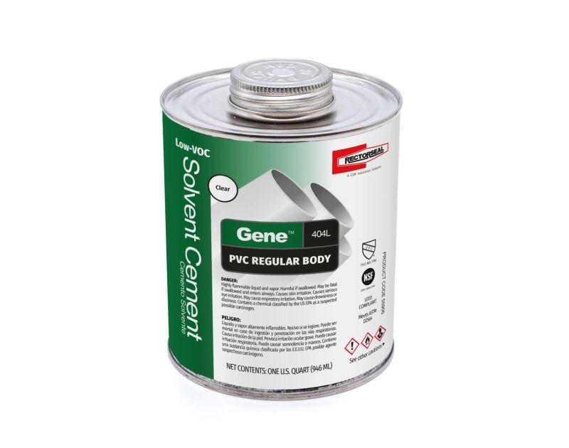 RectorSeal Gene Low-VOC Clear PVC Solvent Cement in a 946ml (1 quart) can, green label with clear body adhesive for regular PVC pipes, featuring NSF and IAPMO certifications, designed for HVAC drain and overflow applications.