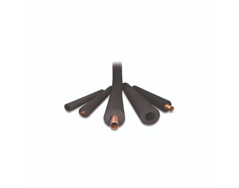 A collection of Armaflex HT Solar Pipe Insulation sections in various sizes, some installed on copper pipes, showing the black EPDM foam rubber material. The insulation pieces are arranged against a white background, highlighting their flexibility and fit