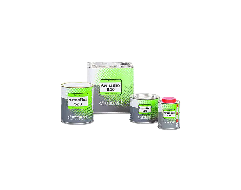 Four cans of Armaflex 520 Adhesive in various sizes (0.25L, 0.5L, 1.0L, and 2.5L) are displayed against a white background. The cans feature the Armacell logo and "Armaflex 520" branding on green and white labels, showcasing their range for bonding pipe i Four cans of Armaflex 520 Adhesive in various sizes (0.25L, 0.5L, 1.0L, and 2.5L) are displayed against a white background. The cans feature the Armacell logo and "Armaflex 520" branding on green and white labels, showcasing their range for bonding pipe i