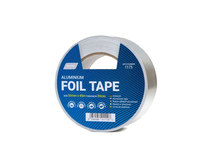 Roll of 50mm self-adhesive aluminium foil tape for HVAC duct sealing, featuring a blue label with 'Aluminium Foil Tape' text, size 50mm x 45m, thickness 30 microns, and batch number 1175, available at airconspares.com.