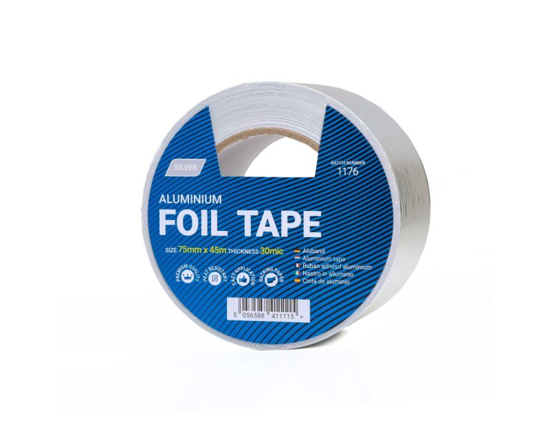Roll of 75mm self-adhesive aluminium foil tape for HVAC duct sealing, featuring a blue label with 'Aluminium Foil Tape' text, size 75mm x 45m, thickness 30 microns, and batch number 1176, available at airconspares.com.