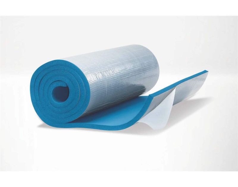 Rolled ArmaFlex Ultima continuous sheet insulation with a partially unrolled section, showing its blue foam and self-adhesive backing.