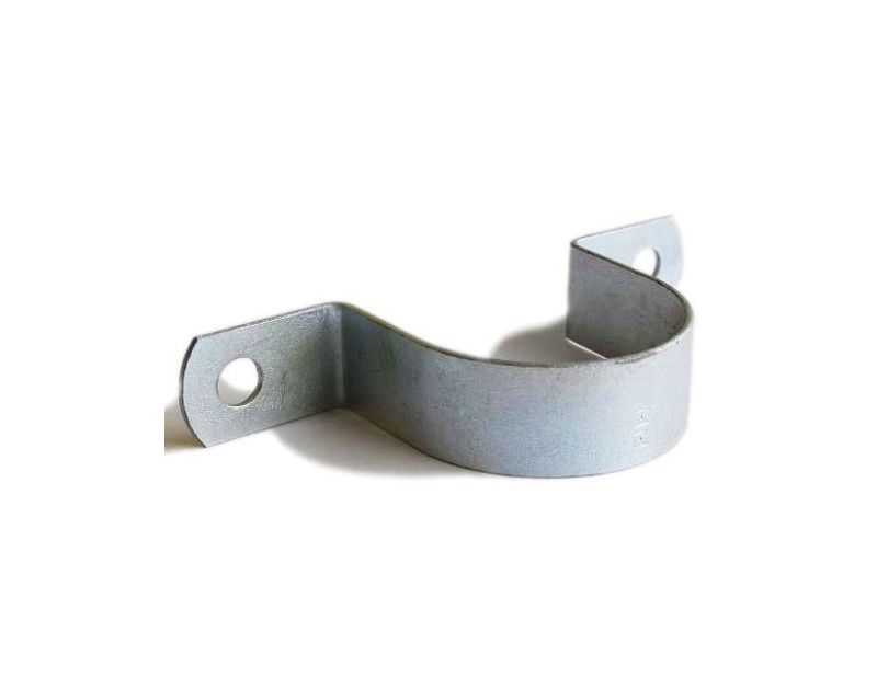 A metallic U-shaped saddle clamp with two mounting holes on either side, designed for securing pipes, shown against a plain background. A metallic U-shaped saddle clamp with two mounting holes on either side, designed for securing pipes, shown against a plain background.