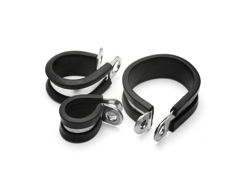 Rubber lined metal P clips in three sizes, showing galvanised steel band with black EPDM rubber lining and mounting holes, ideal for secure pipe and cable fixing. Rubber lined metal P clips in three sizes, showing galvanised steel band with black EPDM rubber lining and mounting holes, ideal for secure pipe and cable fixing.