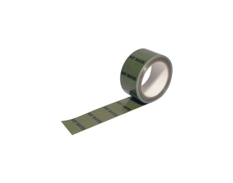 Hot water pipe identification tape, 30m long, 50mm wide, rolled up with "HOT WATER" text printed repeatedly on a green background. Hot water pipe identification tape, 30m long, 50mm wide, rolled up with "HOT WATER" text printed repeatedly on a green background.