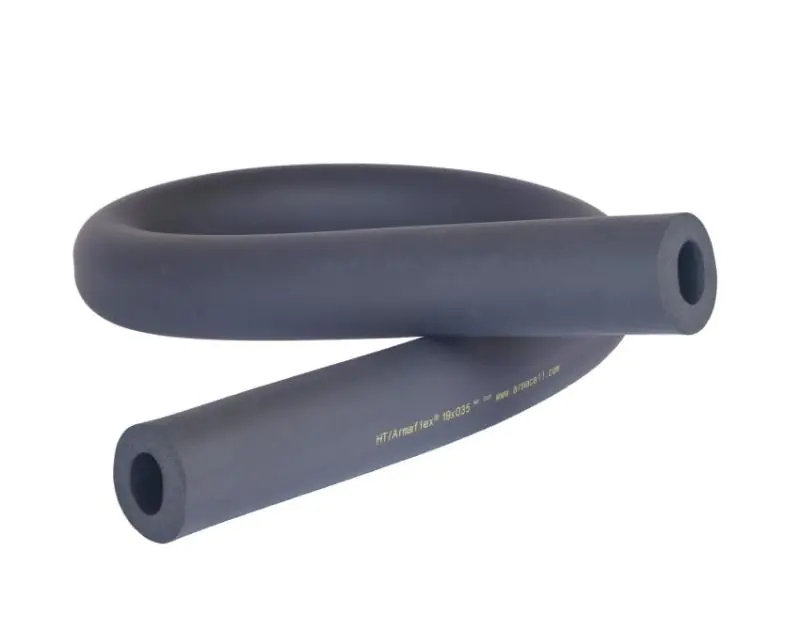 A 2m-long section of Armaflex HT Solar Pipe Insulation, a black EPDM foam rubber tube, coiled to show its flexibility. The insulation features yellow text on the exterior reading "HT/Armaflex® 13x035" and "www.armacell.com," displayed against a white back A 2m-long section of Armaflex HT Solar Pipe Insulation, a black EPDM foam rubber tube, coiled to show its flexibility. The insulation features yellow text on the exterior reading "HT/Armaflex® 13x035" and "www.armacell.com," displayed against a white back