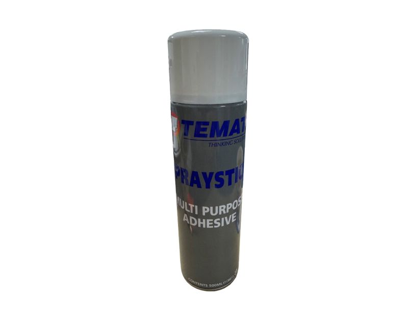 TEMATI SPRAYSTICK multipurpose contact adhesive aerosol can, 500ml capacity, grey body with white nozzle cap, blue branding text reading "TEMATI SPRAYSTICK MULTI PURPOSE ADHESIVE" and "CONTENTS 500ML", non-chlorinated spray adhesive for pipe lagging and i