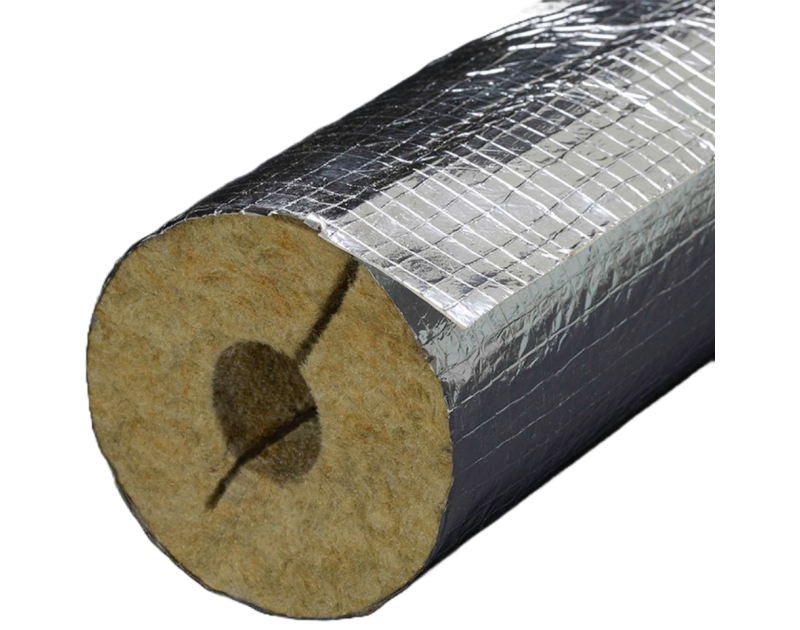A cylindrical roll of insulation material with a beige fibrous core and a shiny silver foil outer layer, set against a black background.