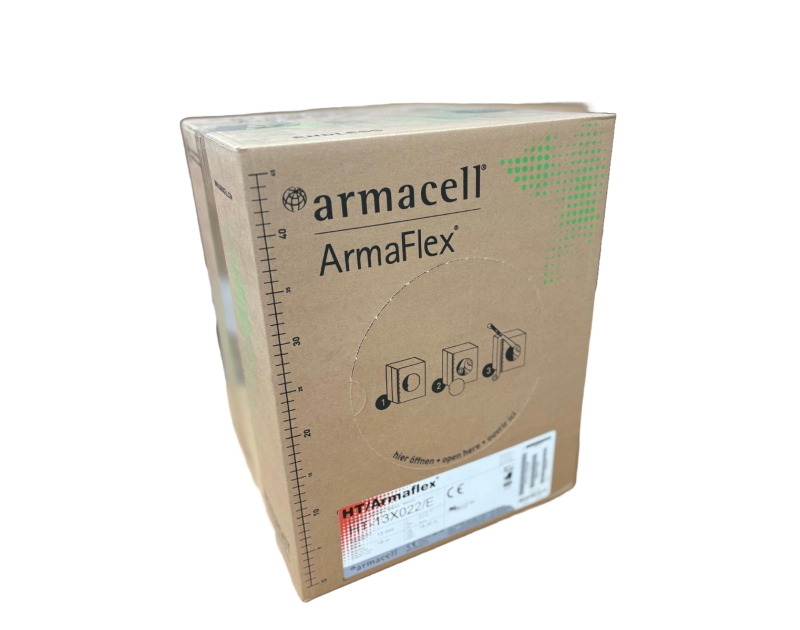 A cardboard box of HT Armaflex 13X022/E pipe insulation, featuring the Armacell logo and product details, ready for delivery from PipeLagging.com. A cardboard box of HT Armaflex 13X022/E pipe insulation, featuring the Armacell logo and product details, ready for delivery from PipeLagging.com.
