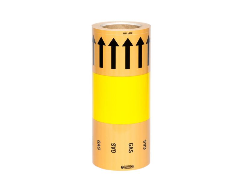 Roll of hazardous material tape with yellow and orange sections featuring black arrows pointing upwards and the word "GAS" repeated, with "PEEL HERE" indicated at the top. Roll of hazardous material tape with yellow and orange sections featuring black arrows pointing upwards and the word "GAS" repeated, with "PEEL HERE" indicated at the top.