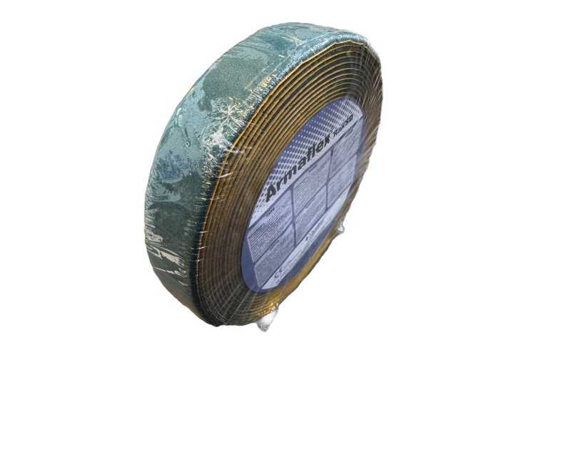 A roll of ArmaFlex Rail SD Self-Adhesive Tape (RA-TAPE) is shown against a black background. The tape is dark blue with a yellow core and wrapped in clear plastic packaging. The label on the roll reads "ArmaFlex Rail SD Tape" and includes product details, A roll of ArmaFlex Rail SD Self-Adhesive Tape (RA-TAPE) is shown against a black background. The tape is dark blue with a yellow core and wrapped in clear plastic packaging. The label on the roll reads "ArmaFlex Rail SD Tape" and includes product details,