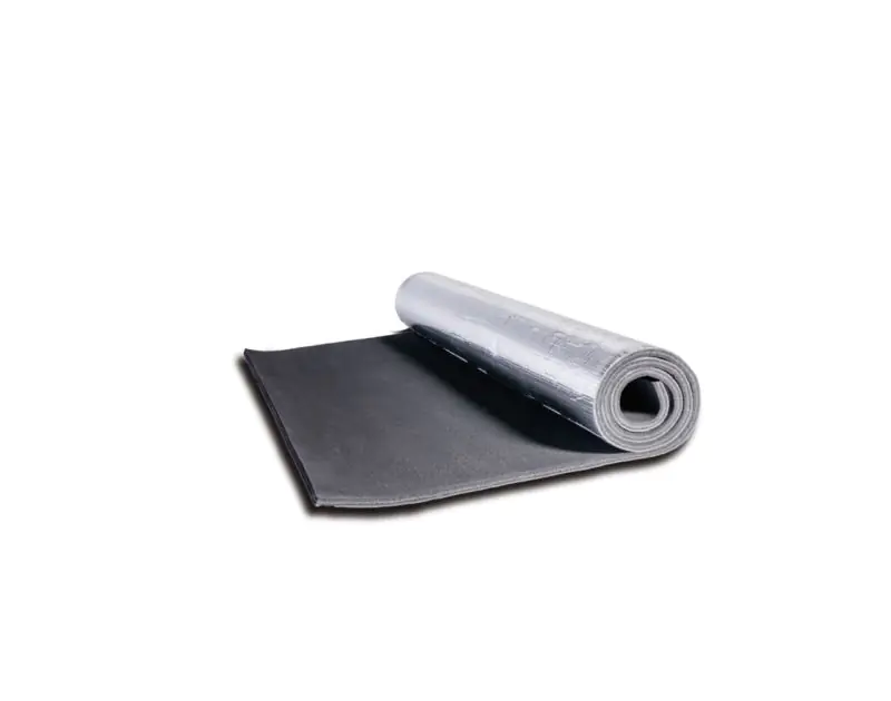 Rolled ArmaComfort AB Alu Plus Acoustic Insulation Sheet with a shiny aluminum foil surface on a black foam base, partially unrolled on a white background, showcasing its flexible and durable design for pipe applications. Rolled ArmaComfort AB Alu Plus Acoustic Insulation Sheet with a shiny aluminum foil surface on a black foam base, partially unrolled on a white background, showcasing its flexible and durable design for pipe applications.
