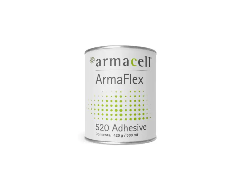 A 0.5L can of Armaflex 520 Adhesive, featuring the Armacell logo and "Armaflex 520 Adhesive" branding on a green and white label. The can displays "Contents: 420 g / 500 ml" and is shown against a white background, highlighting its use for bonding pipe in