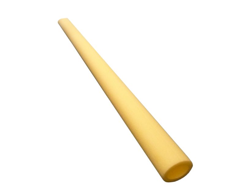 A single 2-meter-long yellow polyethylene foam tube, designed for scaffold and trampoline padding, shown diagonally against a white background. The tube is 9mm thick with a 48mm bore, featuring a semi-slit design for easy installation on posts.
