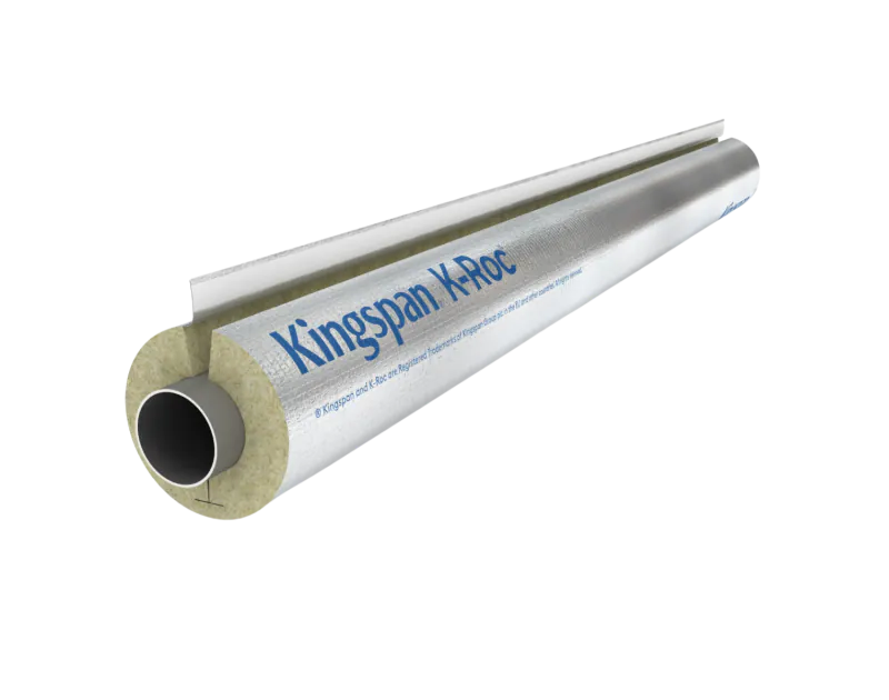 Close-up of K-Roc Pipe Insulation by Kingspan, a cylindrical mineral wool pipe lagging with a reinforced aluminium foil facing. The insulation is partially cut away to reveal the inner pipe, showcasing its thermal insulation properties. The exterior featu Close-up of K-Roc Pipe Insulation by Kingspan, a cylindrical mineral wool pipe lagging with a reinforced aluminium foil facing. The insulation is partially cut away to reveal the inner pipe, showcasing its thermal insulation properties. The exterior featu