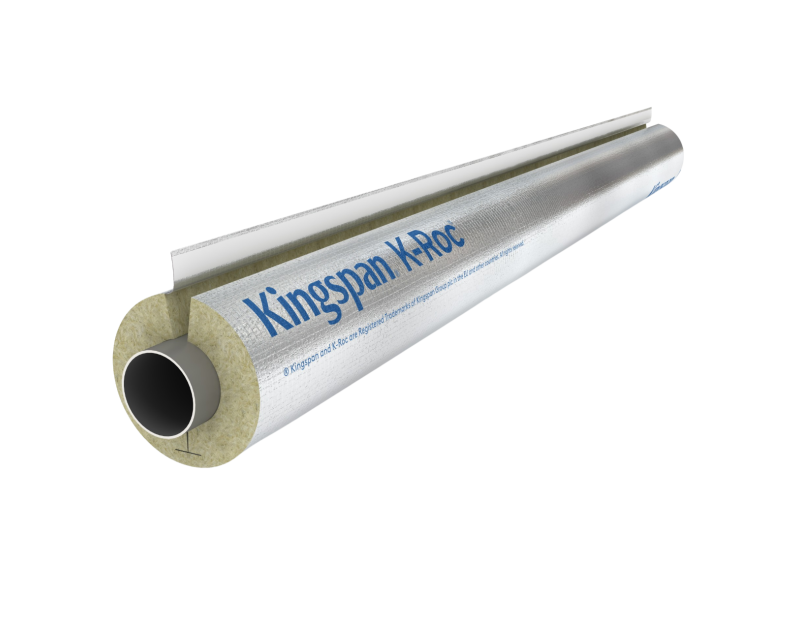 A cylindrical piece of pipe insulation labelled "Kingspan K-Roc" is shown against a black background. The insulation has a metallic outer layer and a fibrous inner material, with a slit along its length for easy installation around a pipe. The text on the A cylindrical piece of pipe insulation labelled "Kingspan K-Roc" is shown against a black background. The insulation has a metallic outer layer and a fibrous inner material, with a slit along its length for easy installation around a pipe. The text on the