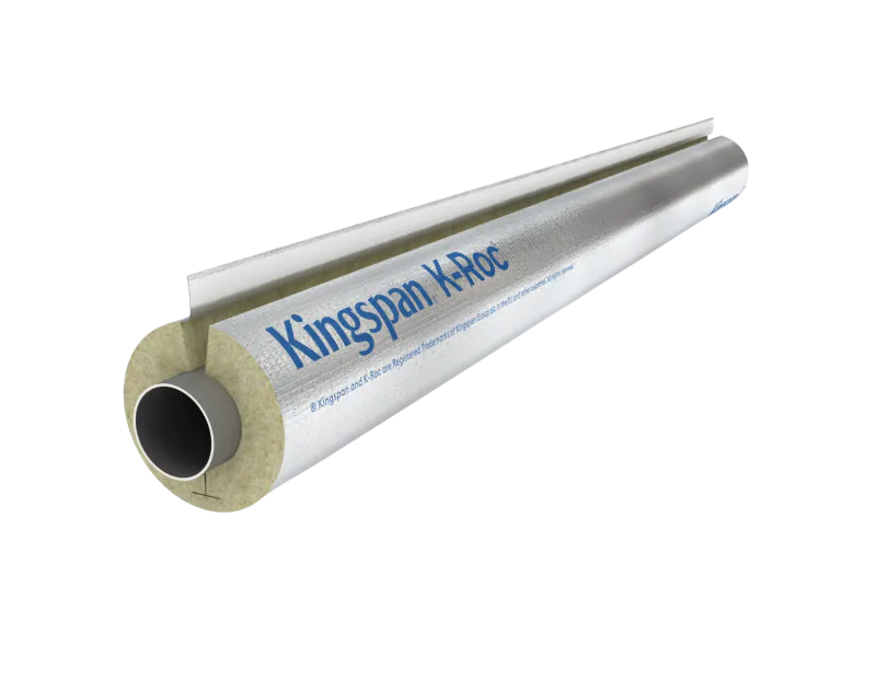 A cylindrical piece of pipe insulation labelled "Kingspan K-Roc" is shown against a black background. The insulation has a metallic outer layer and a fibrous inner material, with a slit along its length for easy installation around a pipe. The text on the
