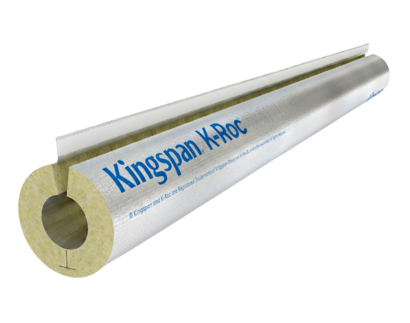 Open section of Kingspan K-Roc pipe lagging featuring a rock mineral wool core and reinforced aluminium foil jacket.