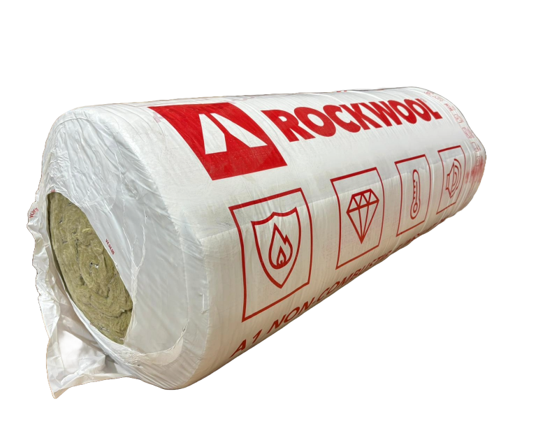 A roll of Rockwool Ductwrap Insulation wrapped in white plastic packaging with red text and logos. The packaging displays the Rockwool brand name, a triangular logo, and icons indicating fire resistance (A1 non-combustible), thermal insulation, acoustic p A roll of Rockwool Ductwrap Insulation wrapped in white plastic packaging with red text and logos. The packaging displays the Rockwool brand name, a triangular logo, and icons indicating fire resistance (A1 non-combustible), thermal insulation, acoustic p